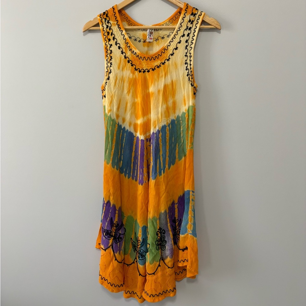 Boho Hippie Festival Tie Dye Embroidered Flowy Hi Low Sleeveless Dress
